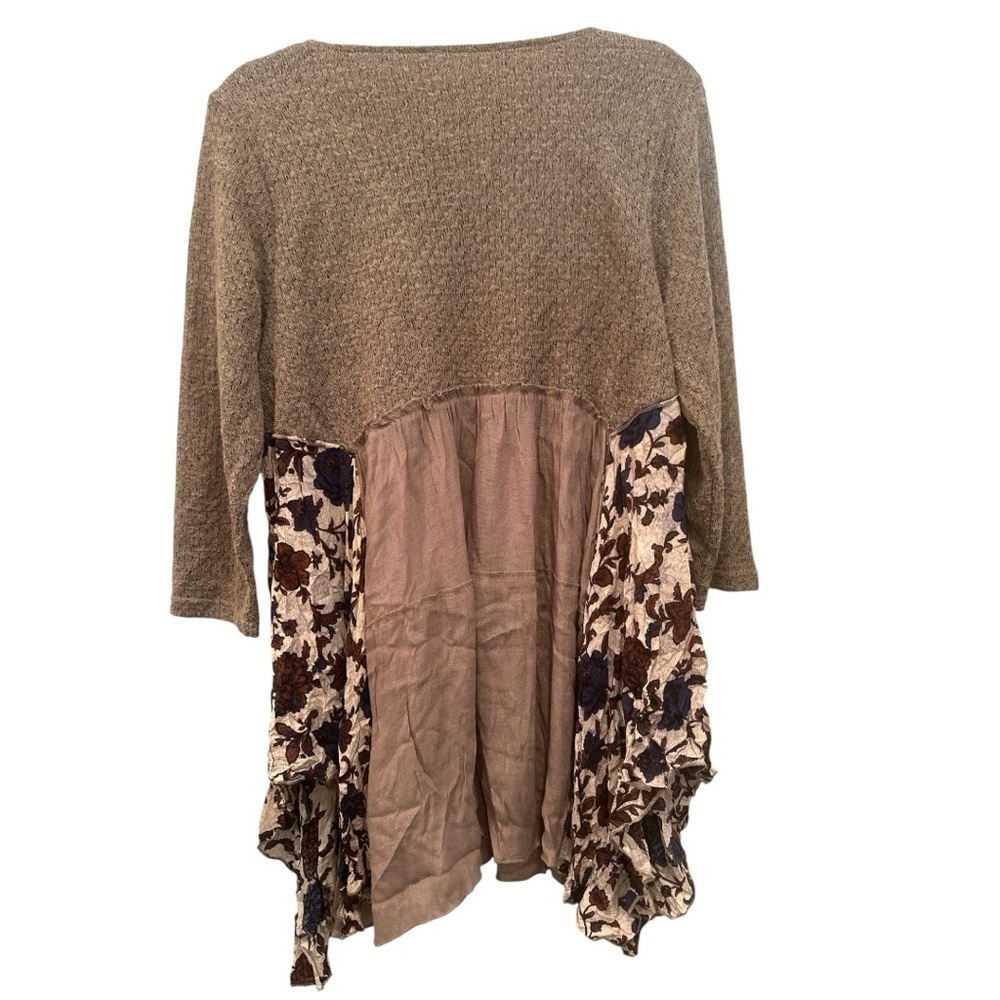 Chocolate Brown & Floral Tunic/Fall Dress Scoop Neck Boho Flowy Casual Sz M - Picture 2 of 8